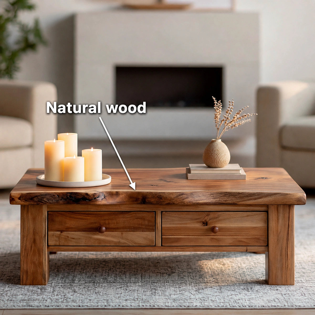 Modern Solid Wood Coffee Table with Storage Drawers | Rustic Farmhouse Center Table