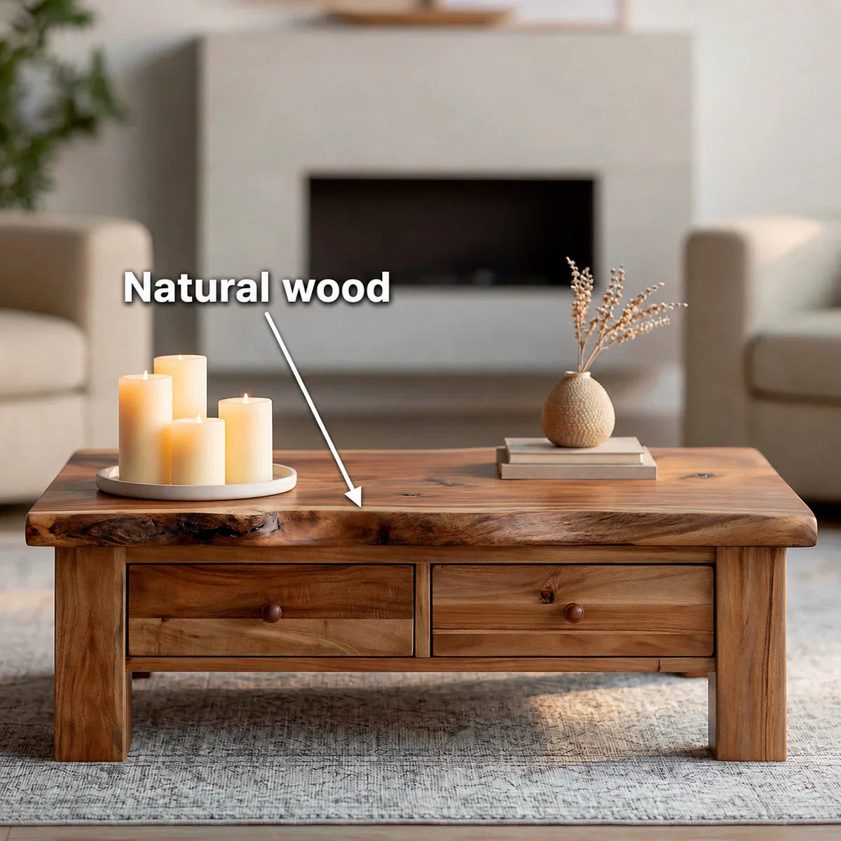 Modern Solid Wood Coffee Table with Storage Drawers | Rustic Farmhouse Center Table