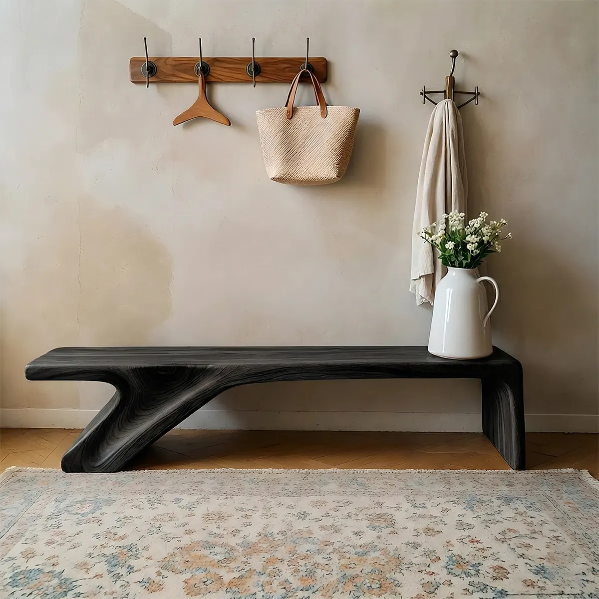 Asymmetric Sculpted Solid Wood Bench – Minimal Flowing Form - Woodenecho