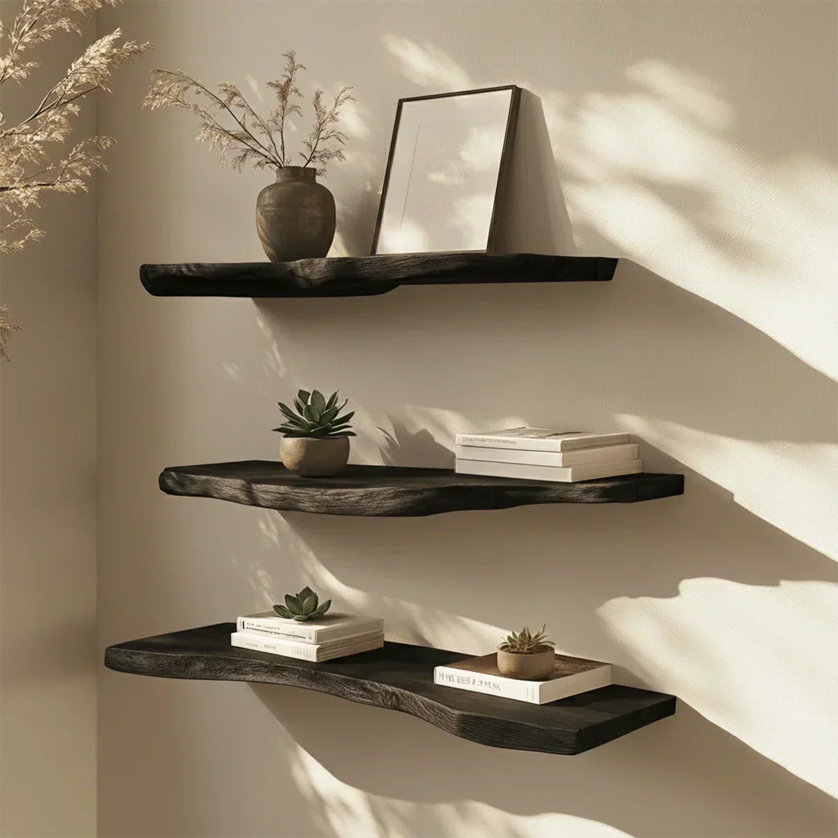 Floating Live-Edge Solid Wood Shelf – Minimalist Japandi Design - Rustirawood