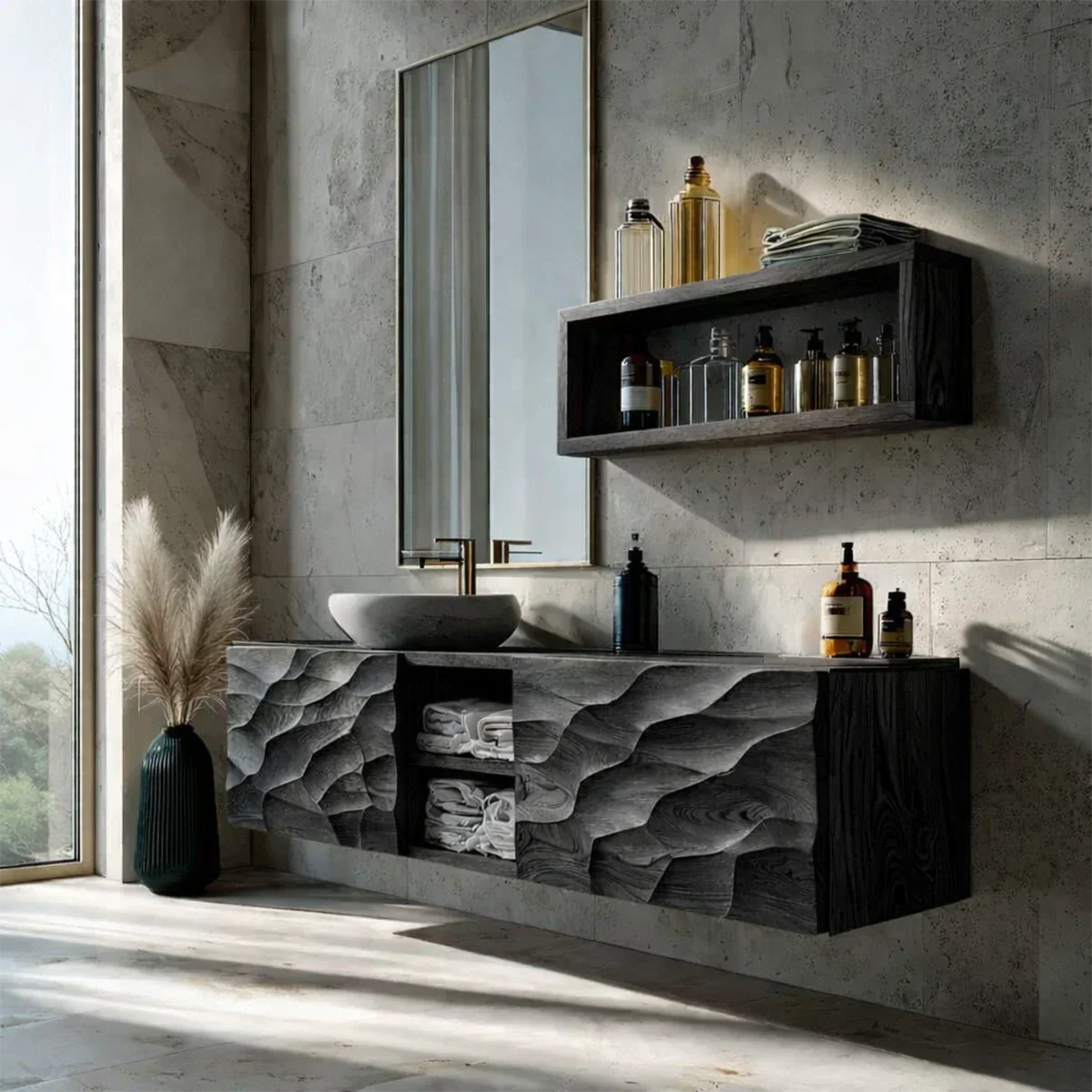 Floating Solid Wood Bathroom Vanity – Hand Carved Sculptural Front Cabinet - Rustirawood