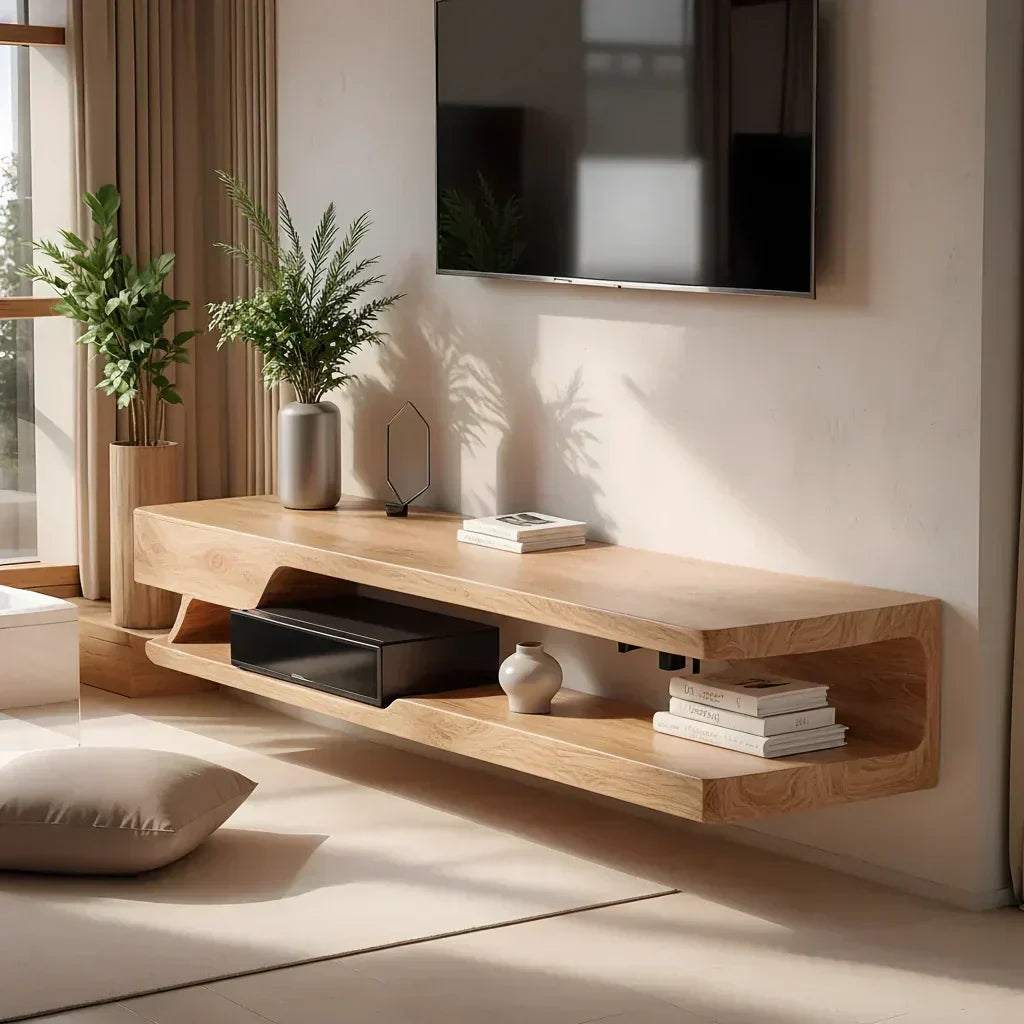 Floating Solid Wood TV Stand – Minimal Organic Modern Wall-Mounted Console - Woodenecho
