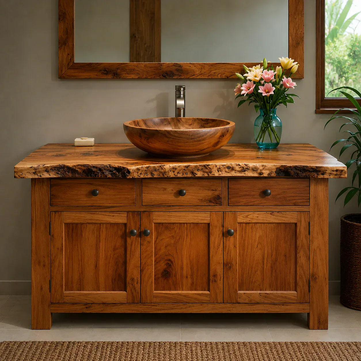 Handcrafted Natural Solid Wood Live-Edge Bathroom Vanity Cabinet - Woodenecho