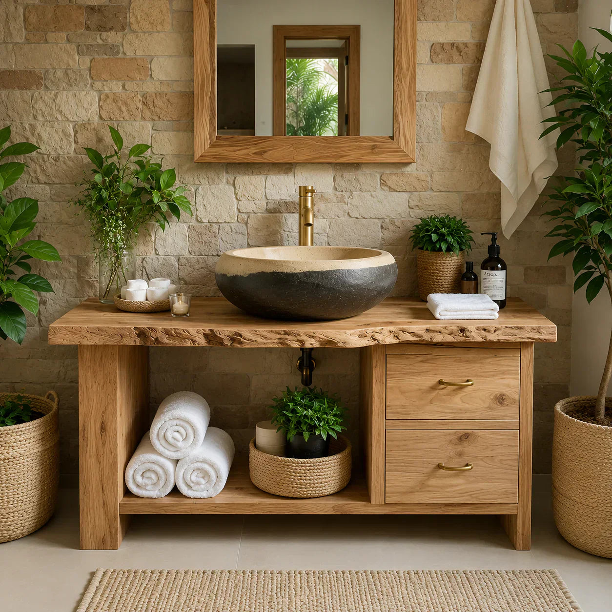 Handcrafted Natural Solid Wood Live-Edge Bathroom Vanity - Woodenecho