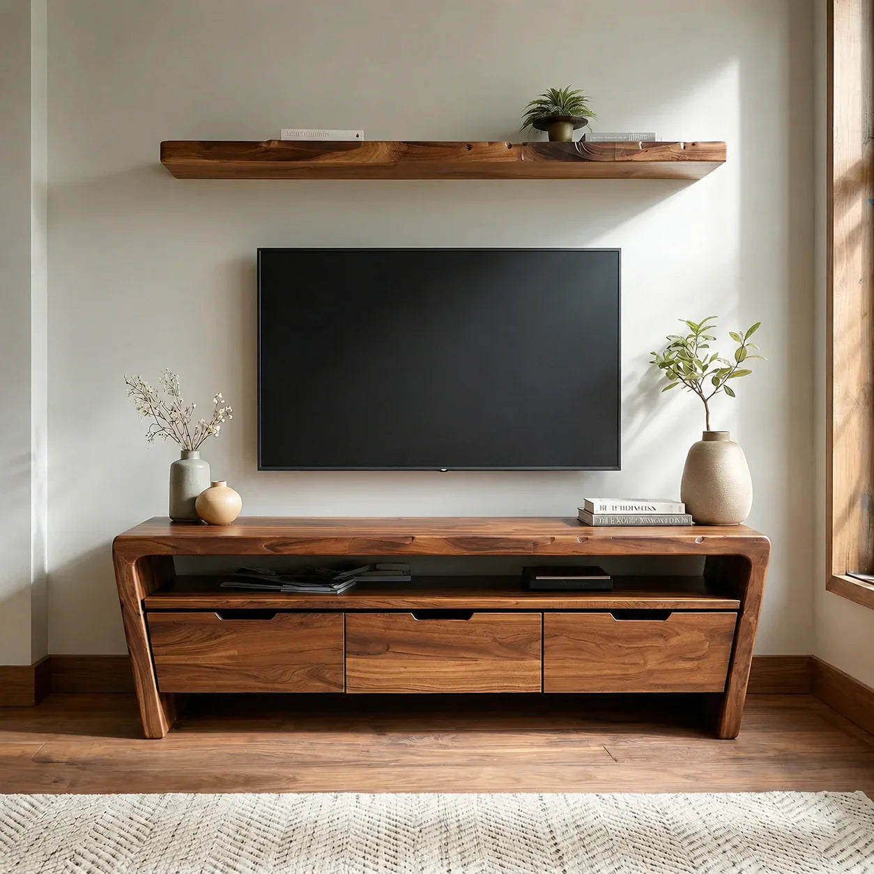 Handcrafted Solid Wood TV Stand with Rounded Frame and Hidden Drawer Storage - Woodenecho
