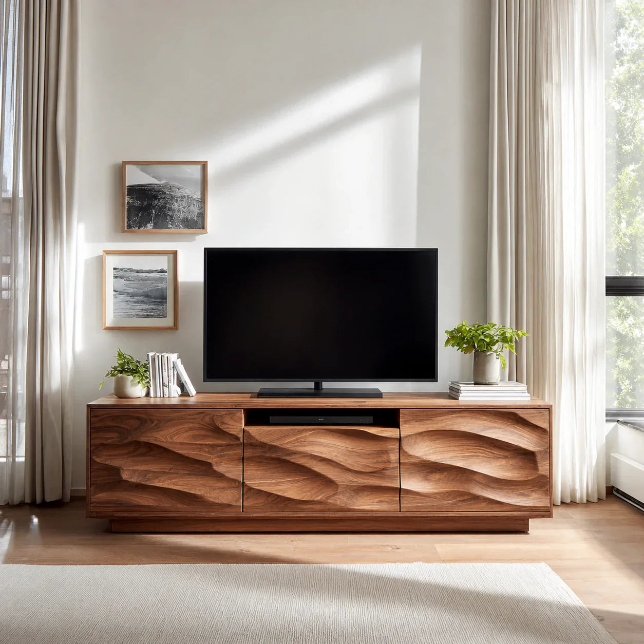 Handcrafted Solid Wood TV Stand with Sculpted Wave Cabinets and Center Media Storage - Woodenecho