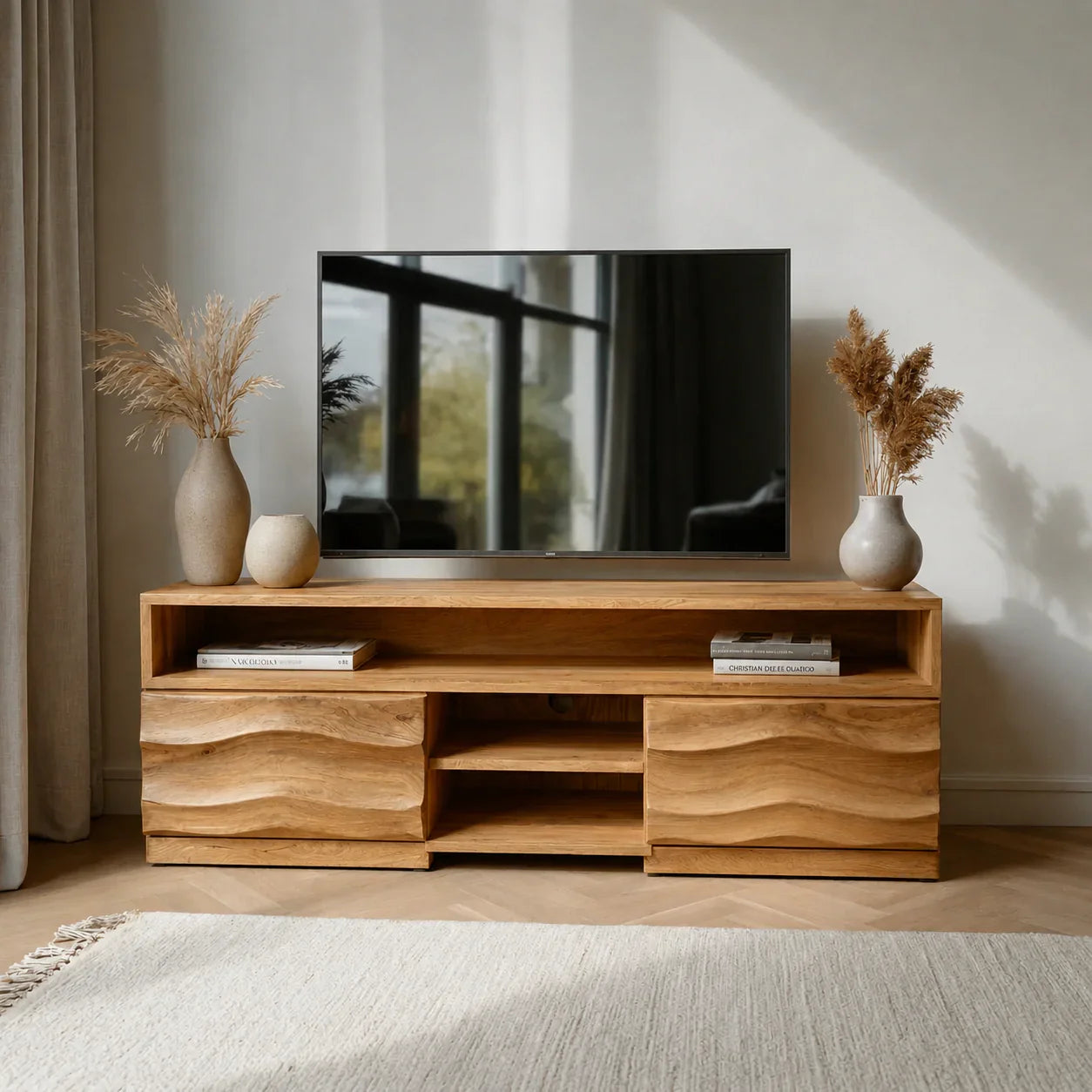 Handcrafted Solid Wood TV Stand with Sculpted Wave Cabinets and Layered Open Shelving - Woodenecho