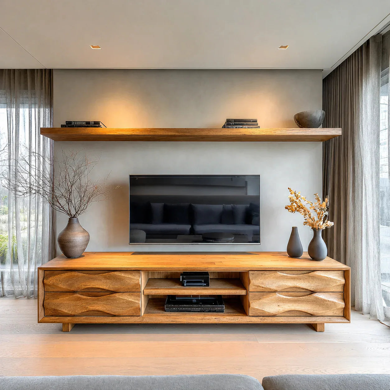 Handcrafted Solid Wood TV Stand with Sculpted Wave Drawers and Center Media Storage - Woodenecho
