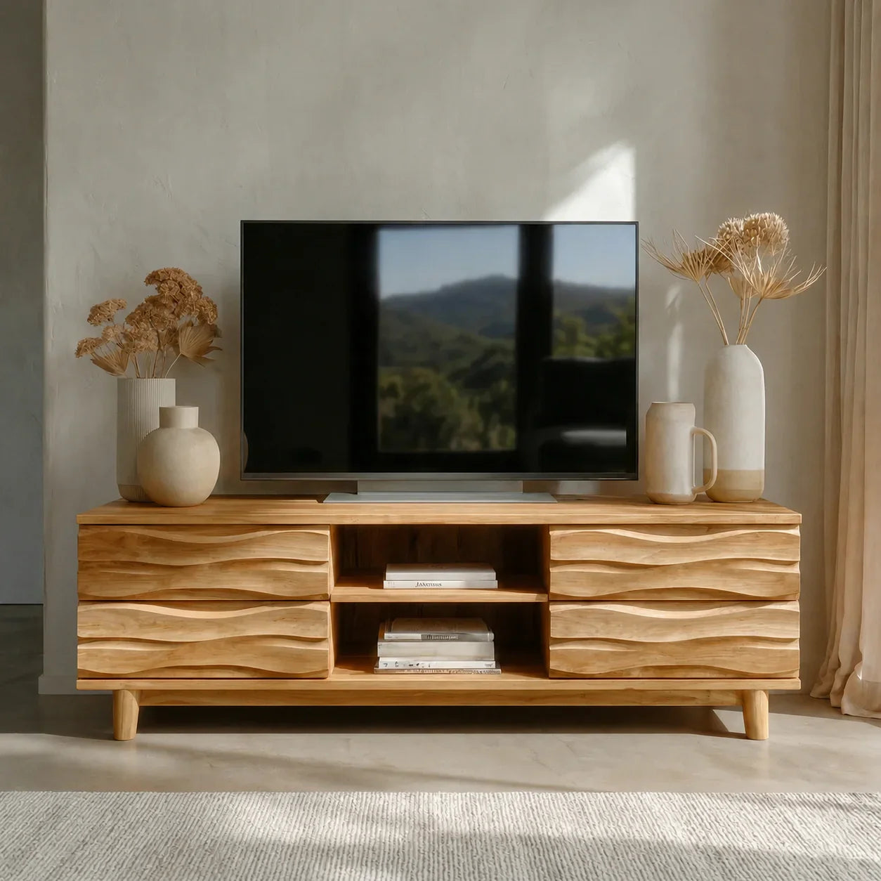 Handcrafted Solid Wood TV Stand with Sculpted Wave Drawers and Center Open Shelving - Woodenecho