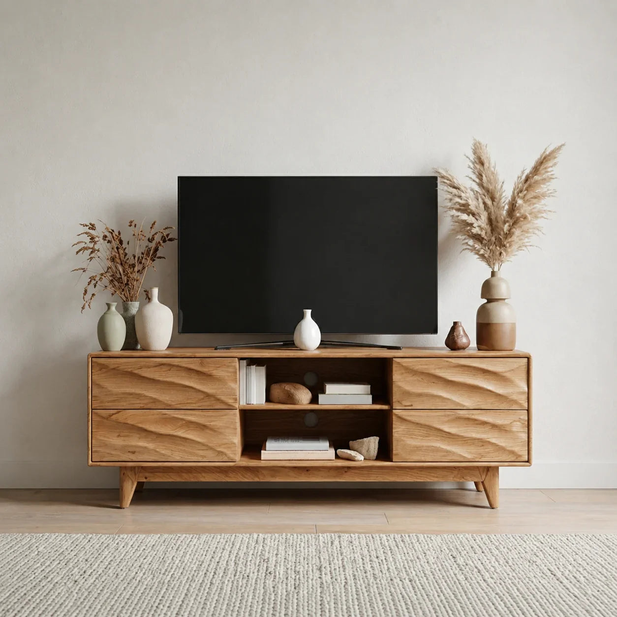 Handcrafted Solid Wood TV Stand with Sculpted Wave Drawers and Mid Century Frame - Woodenecho