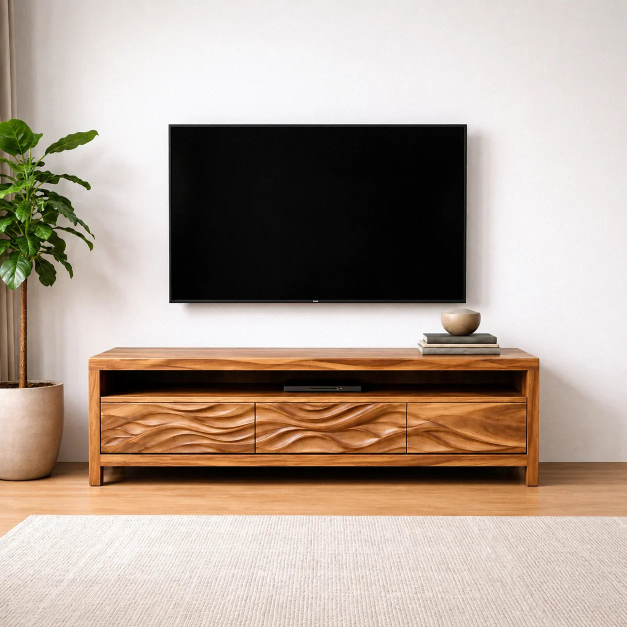Handcrafted Solid Wood TV Stand with Sculpted Wave Drawers and Open Media Shelf - Woodenecho