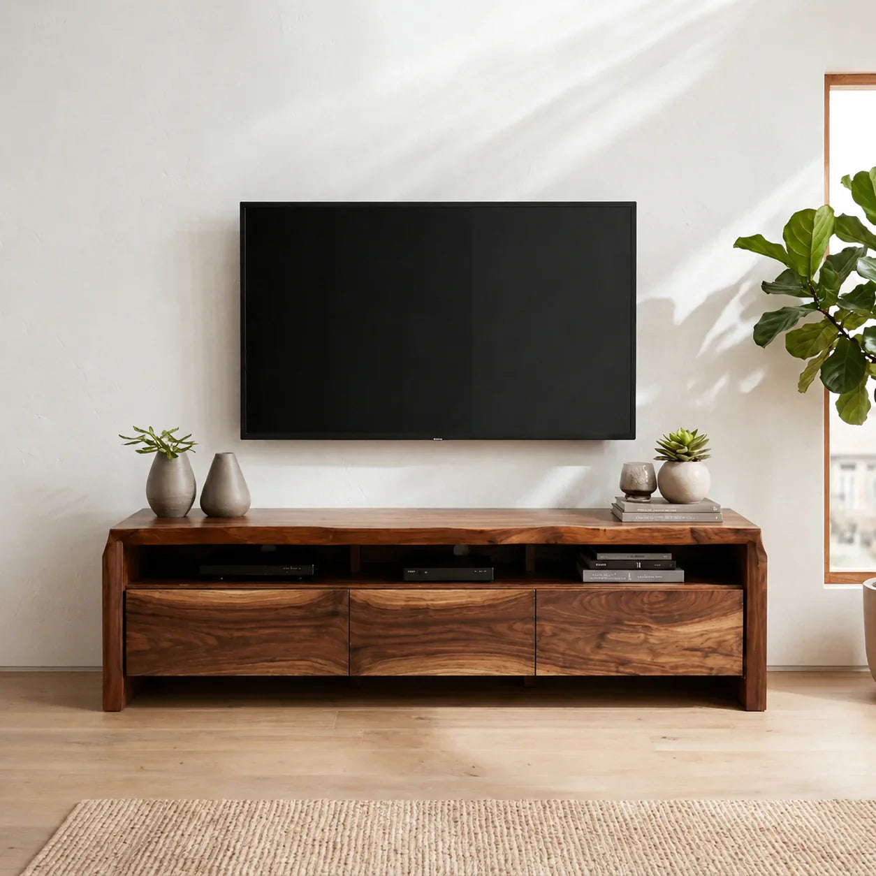 Handcrafted Solid Wood TV Stand with Thick Top and Curved Side Legs - Woodenecho