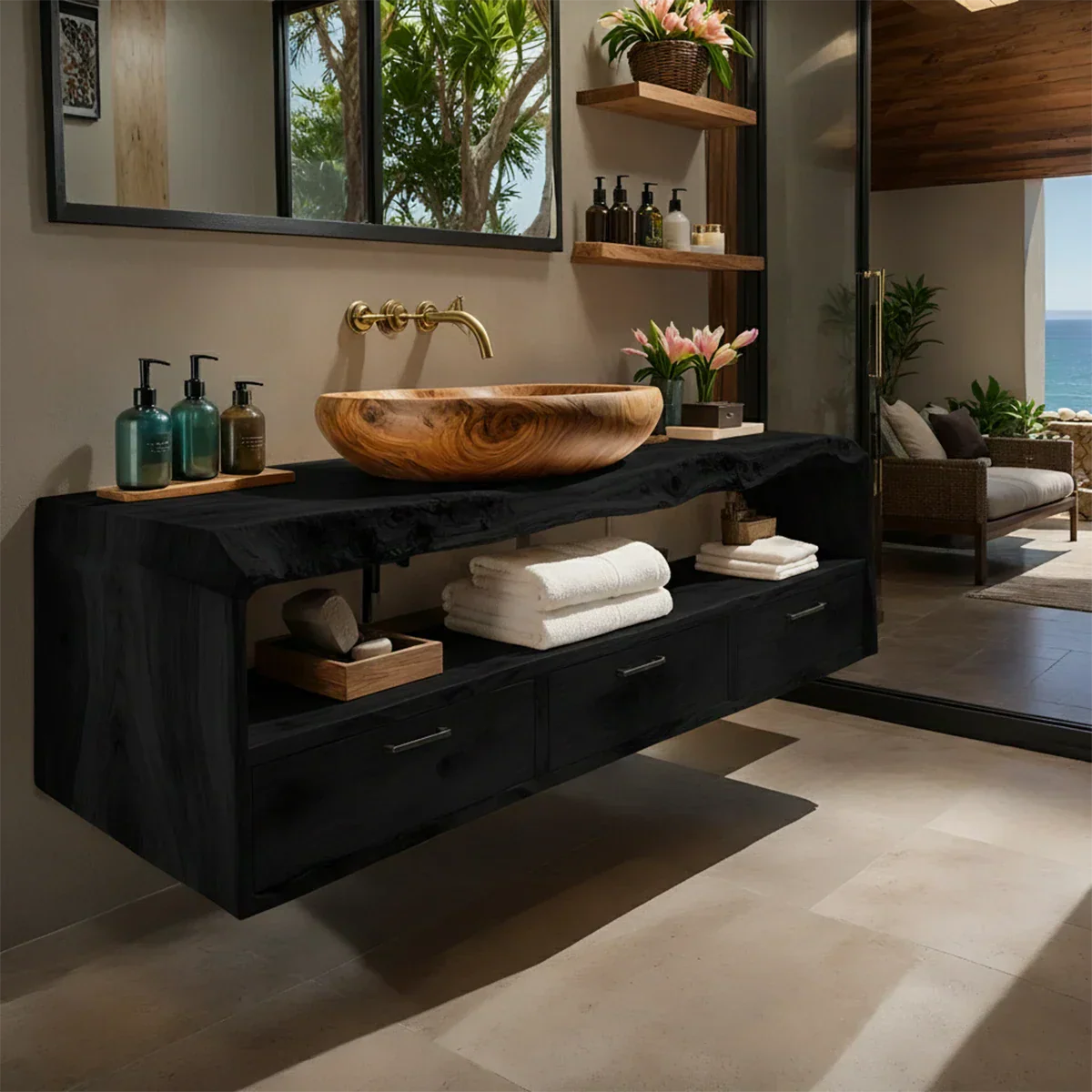 Live Edge Natural Solid Wood Floating Bathroom Vanity - Rustirawood