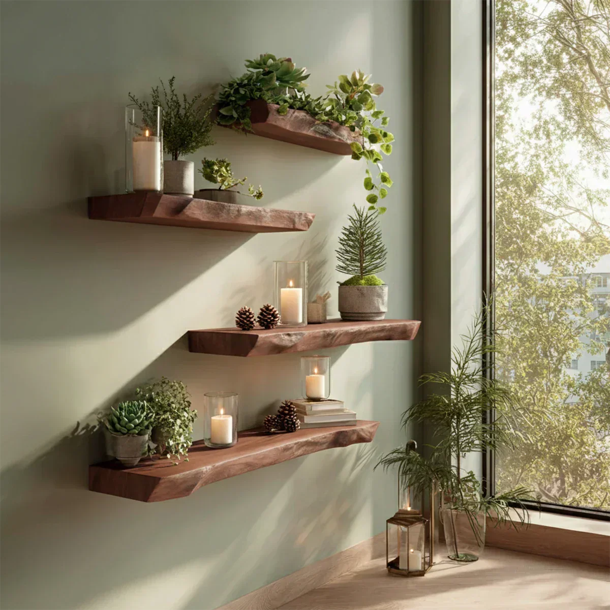 Live Edge Natural Solid Wood Floating Shelves – Green Serenity Edition - Rustirawood