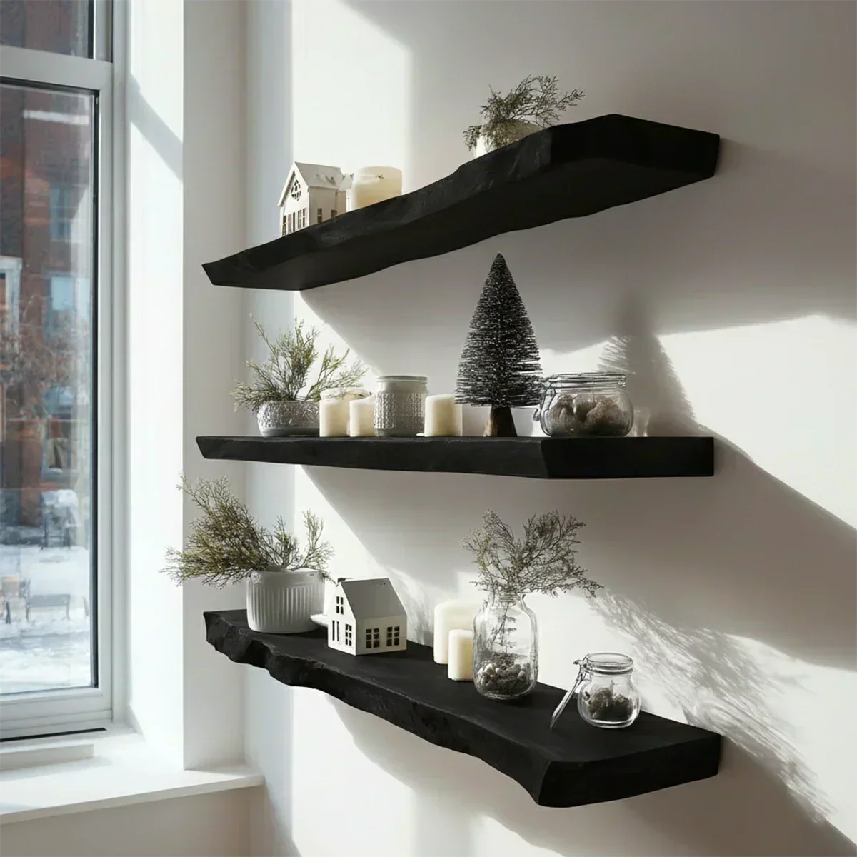 Live Edge Natural Solid Wood Floating Shelves – Warm Winter Light Edition - Rustirawood