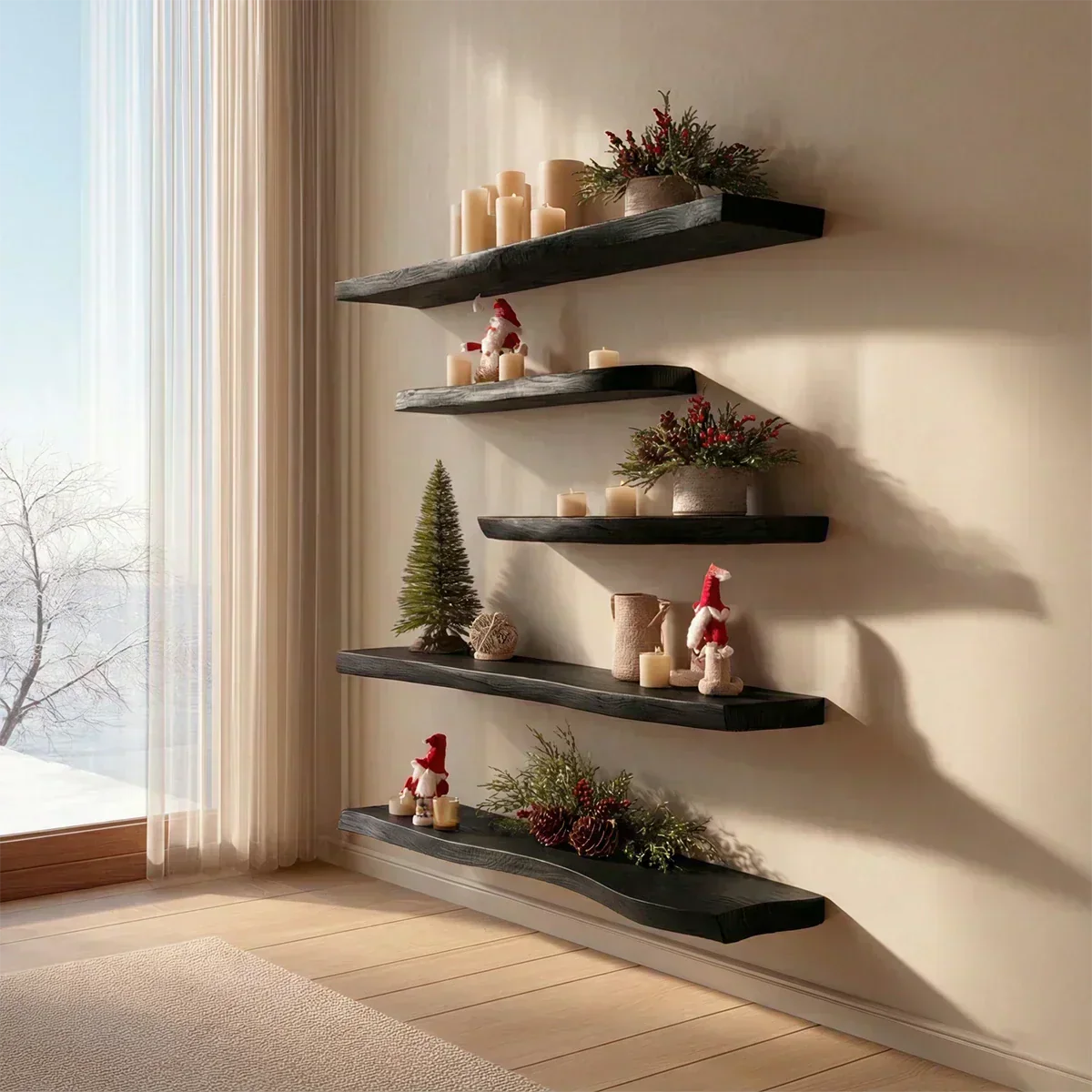 Live Edge Natural Solid Wood Floating Shelves – Winter Harmony Edition - Rustirawood