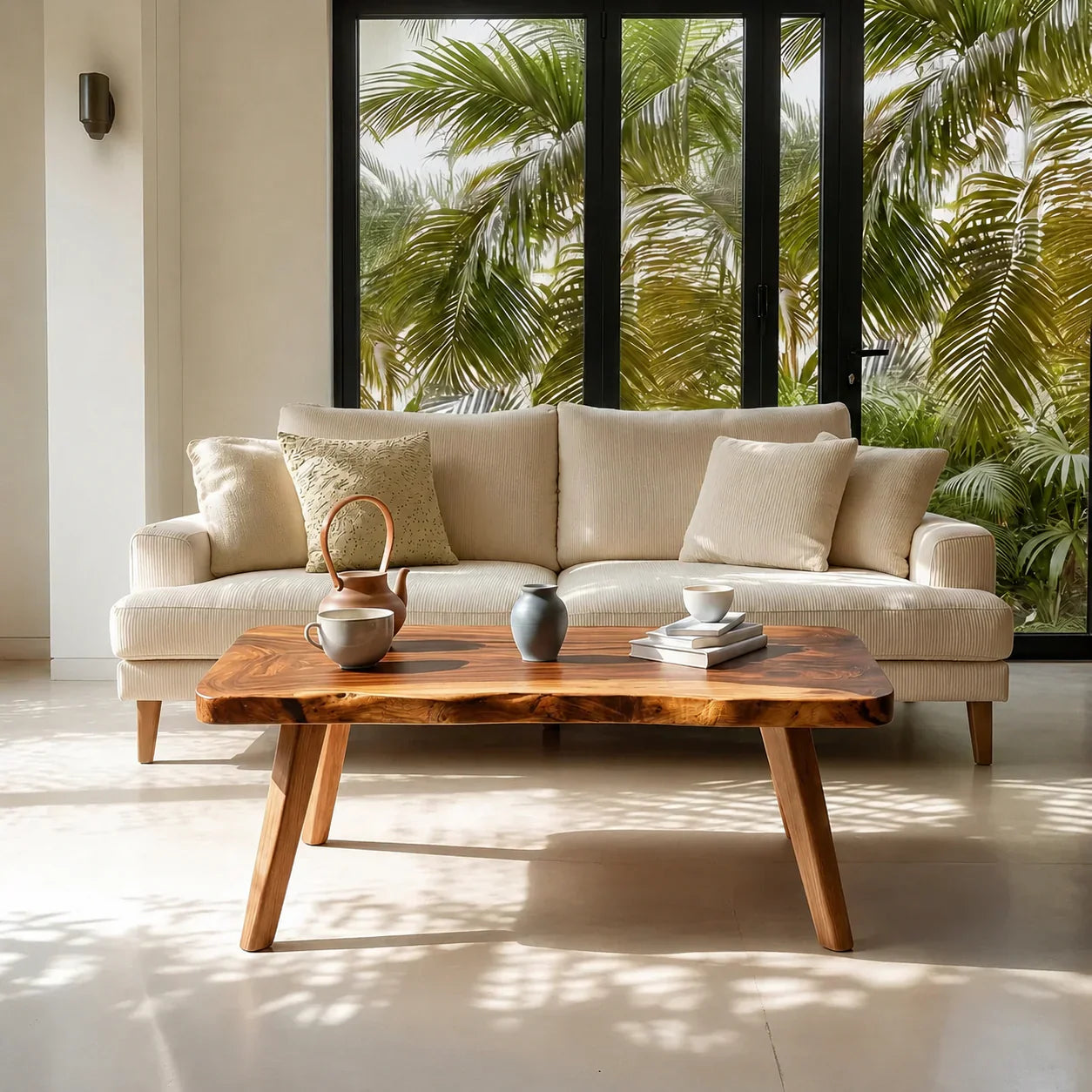 Live Edge Slab Coffee Table with Angled Legs in Natural Solid Wood - Woodenecho