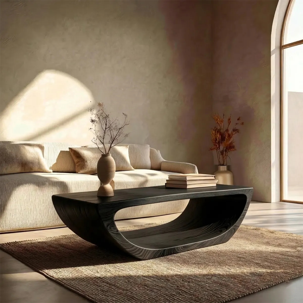 Long Sculptural Hollow Coffee Table in Organic Modern Natural Solid Wood - Rustirawood
