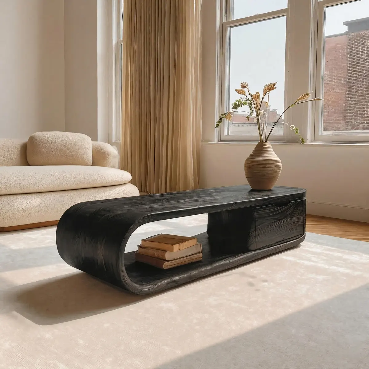 Modern Curved Natural Solid Wood Coffee Table with Drawer Storage - Rustirawood