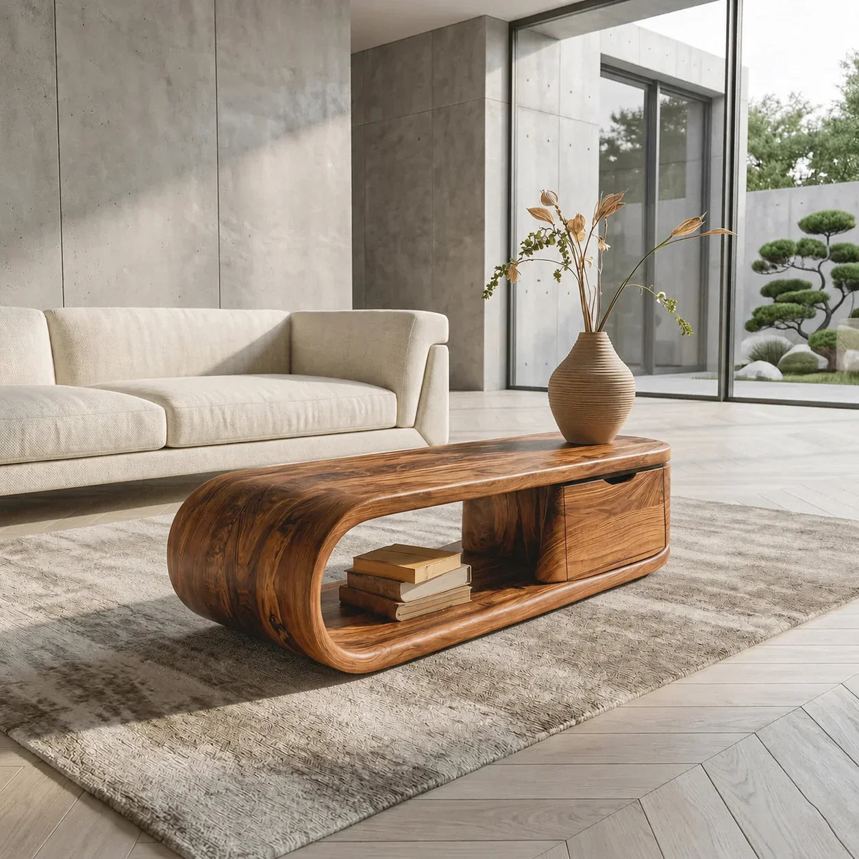 Modern Curved Natural Solid Wood Coffee Table with Drawer Storage - Woodenecho