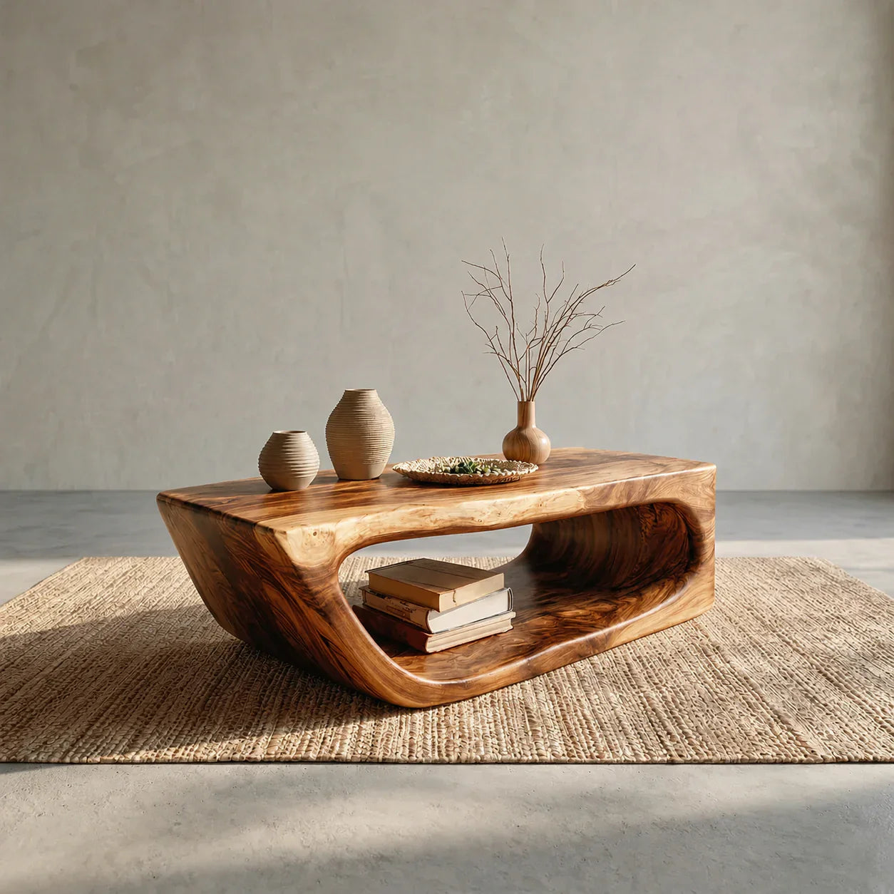 Modern Hollow Form Natural Solid Wood Coffee Table with Open Shelf - Woodenecho