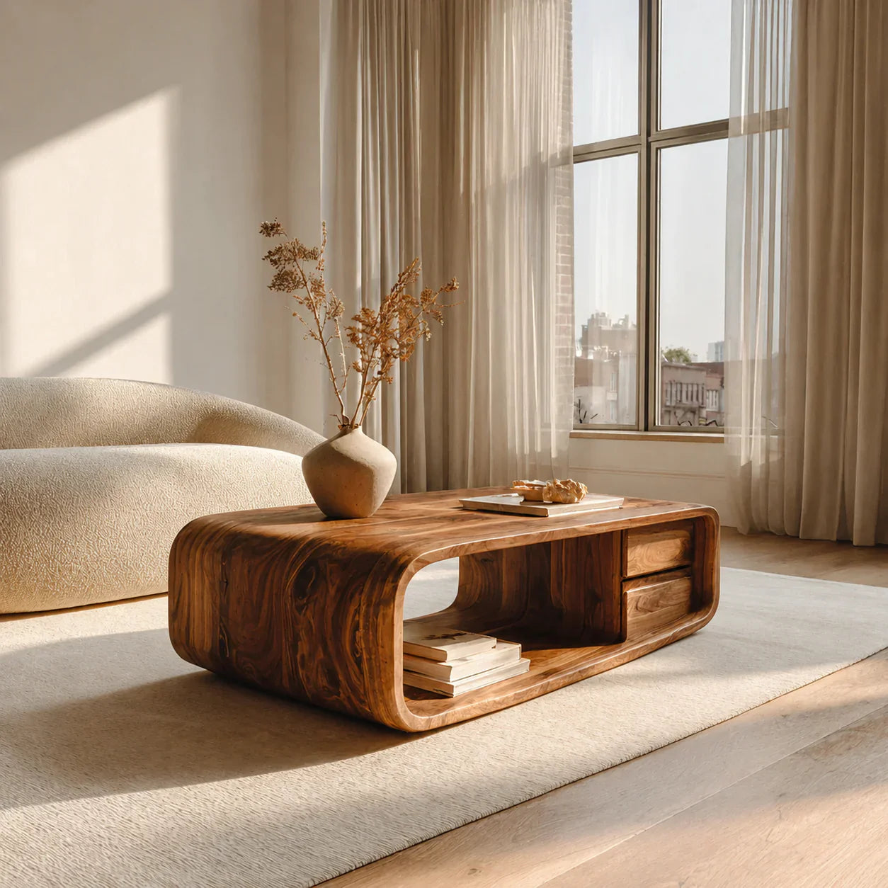 Modern Natural Solid Wood Coffee Table with Drawer and Open Shelf - Woodenecho
