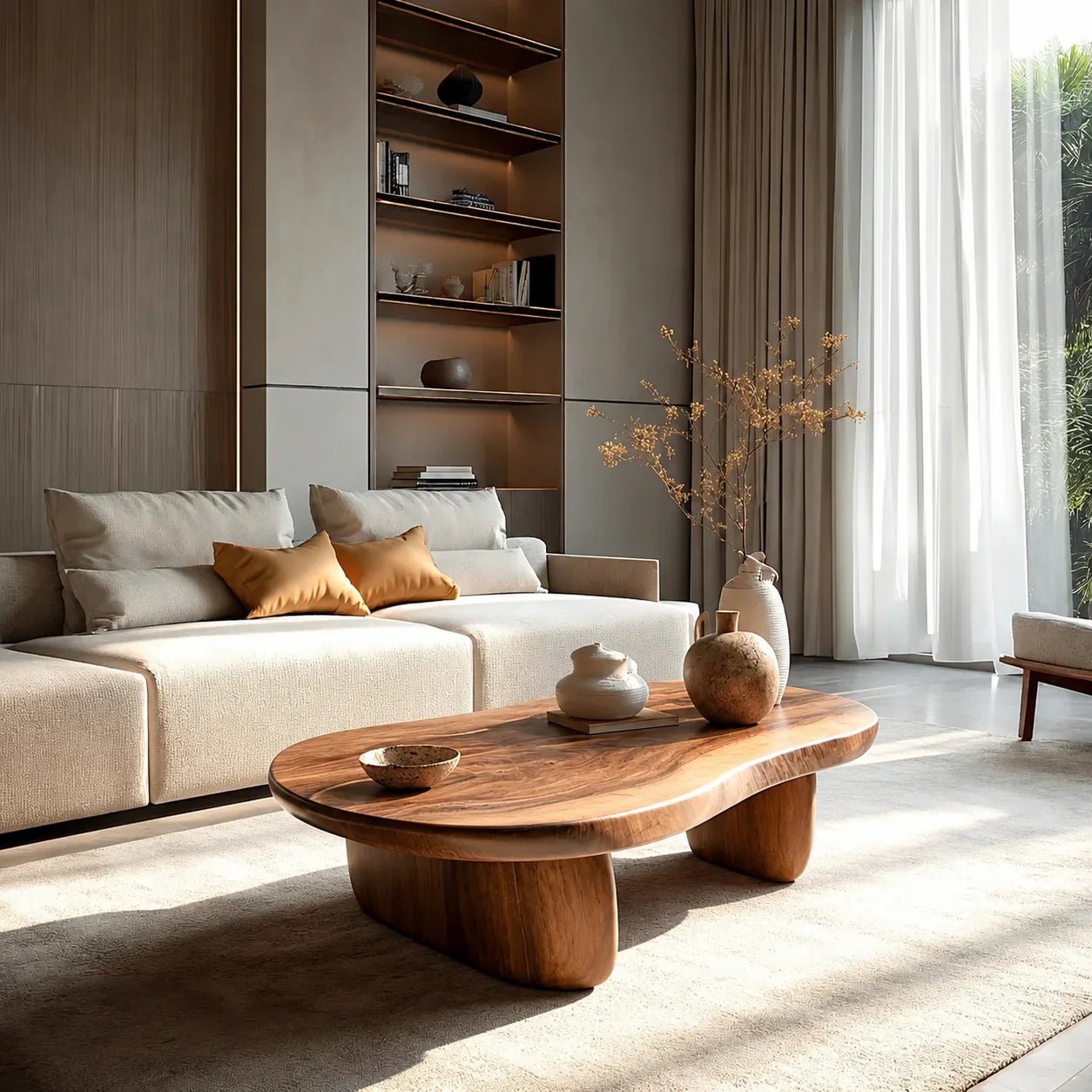 Modern Organic Natural Solid Wood Coffee Table with Rounded Base - Woodenecho