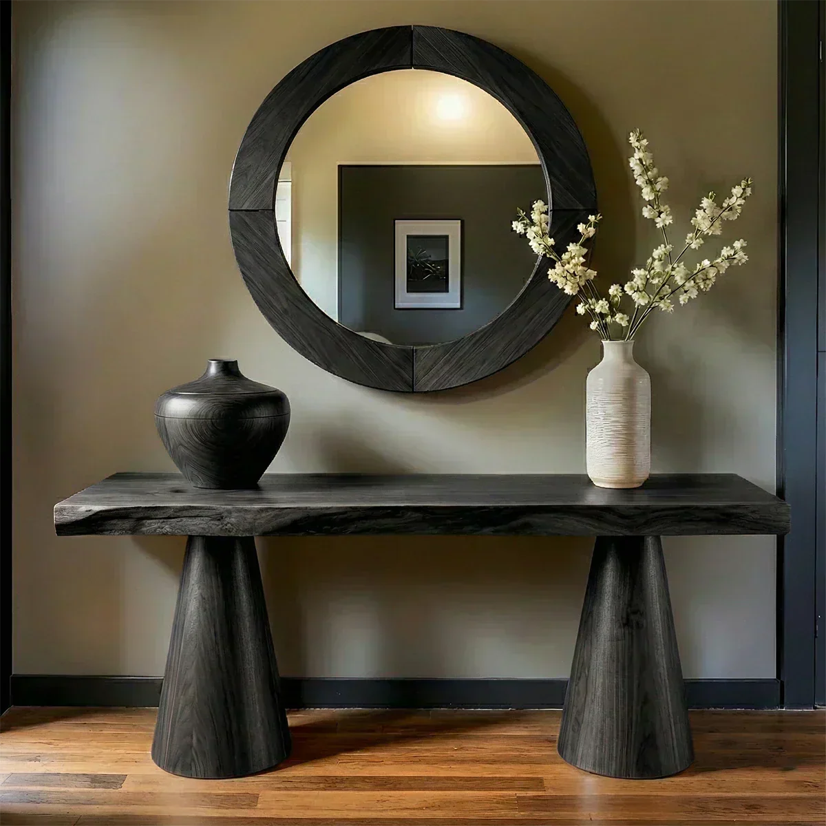 Natural Solid Wood Console with Tapered Sculptural Bases – Modern Japandi - Woodenecho