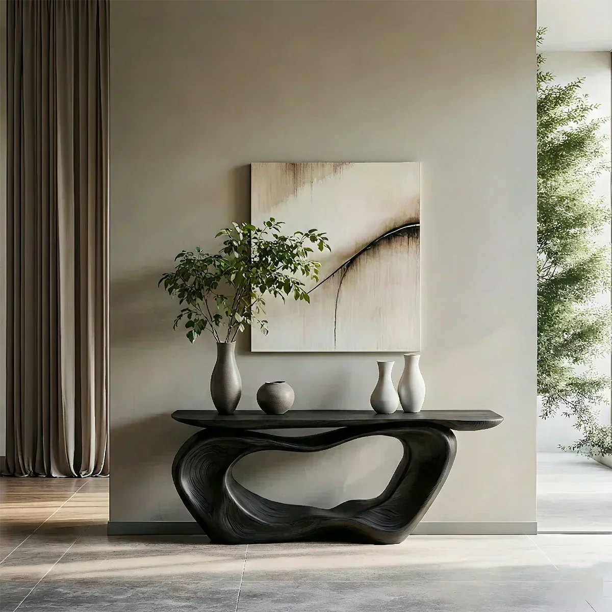 Natural Solid Wood Japandi Artistic Flow Console Table - Woodenecho