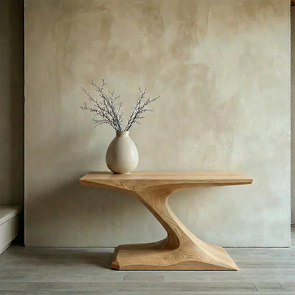 Natural Solid Wood Japandi Sculptural Console Table - Woodenecho