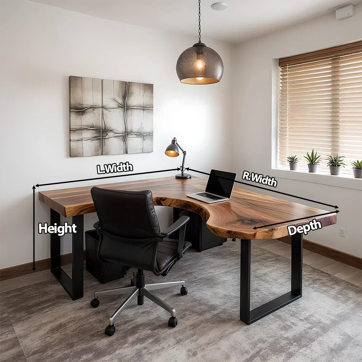 Natural Solid Wood L-Shape Live Edge Desk with Modern Steel Base - Rustirawood