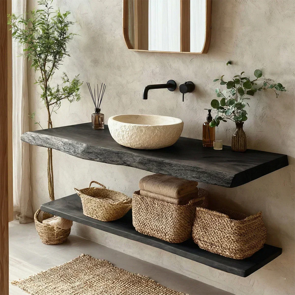 Natural Solid Wood Wabi-Sabi Floating Bathroom Vanity Shelf - Rustirawood