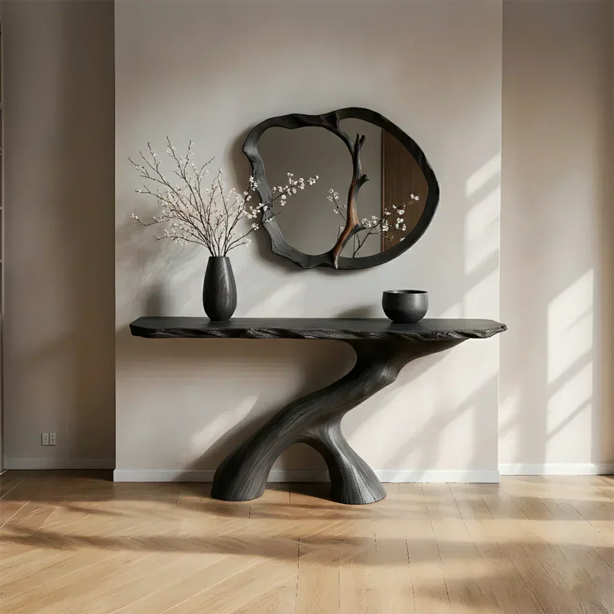 Natural Solid Wood Wabi-Sabi Sculptural Console Table - Woodenecho