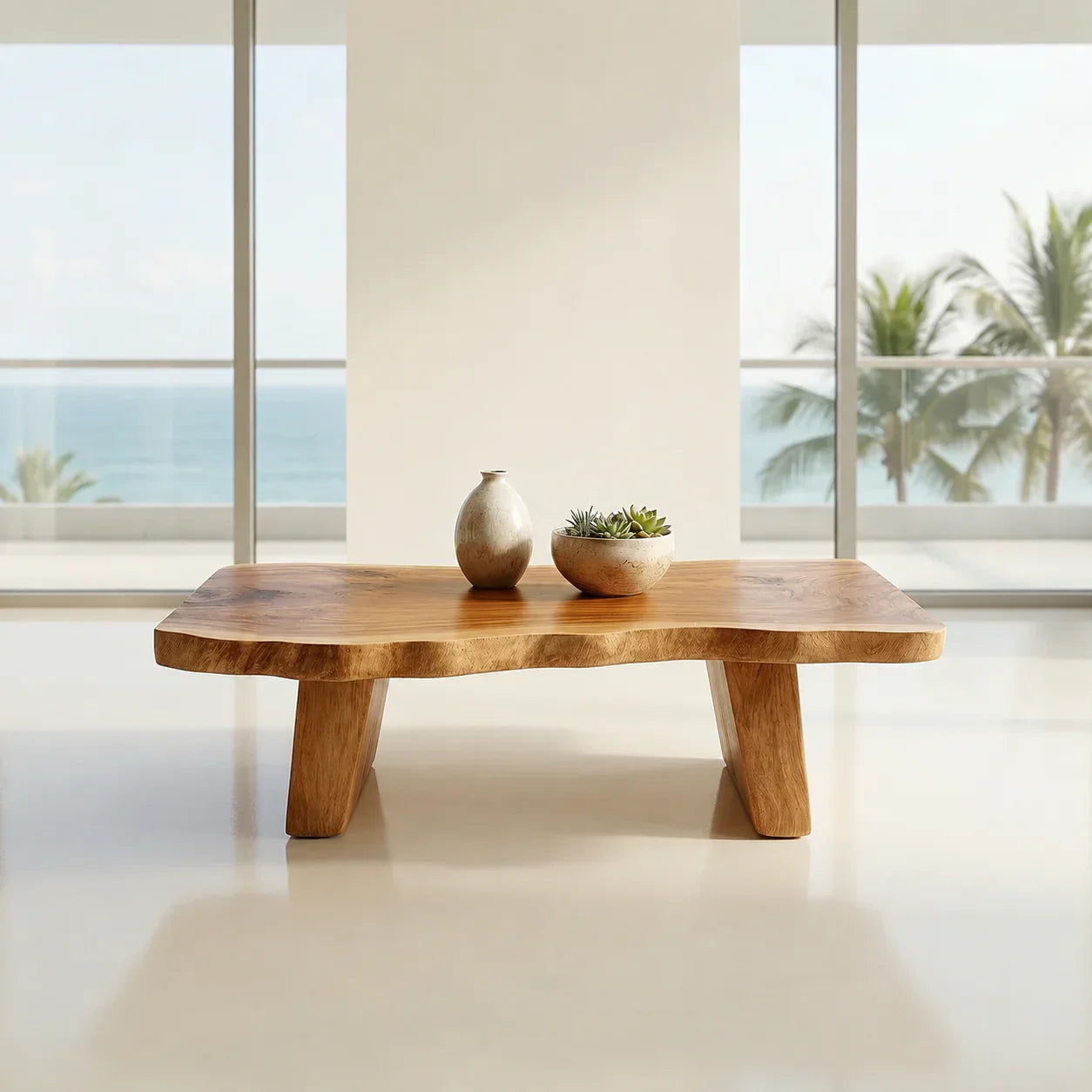 Organic Live Edge Coffee Table with Double Pedestal Base in Natural Solid Wood - Woodenecho