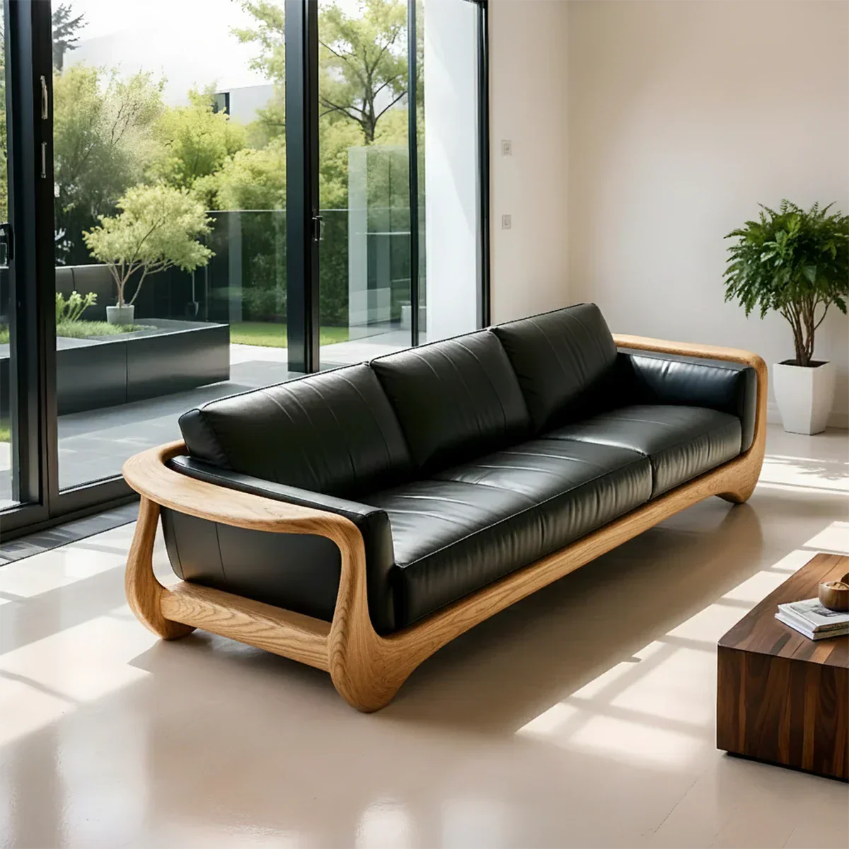 Premium Leather & Natural Solid Wood Sofa – Sculpted Modern Form - Rustirawood