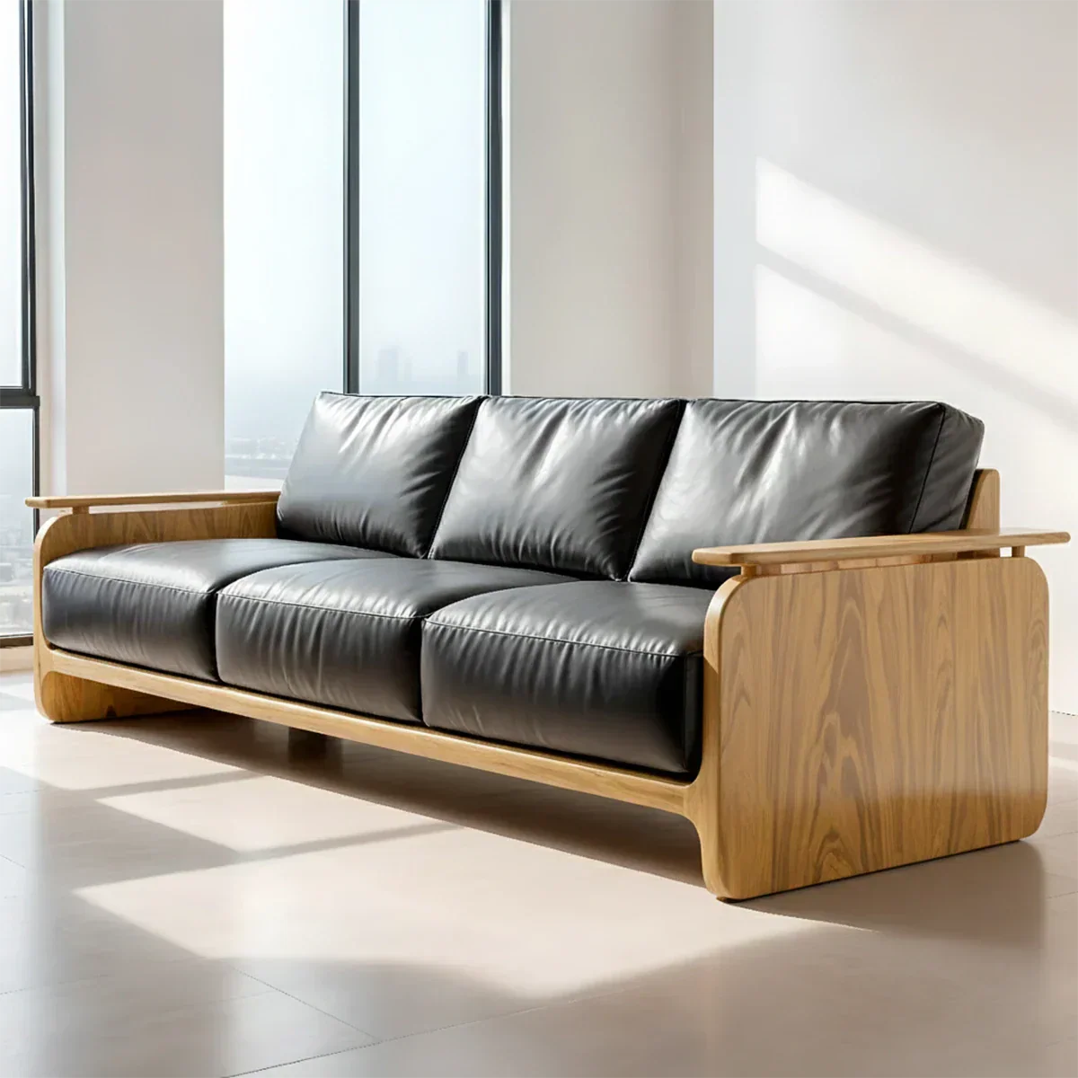 Premium Leather Sofa with Solid Wood Base – Modern Minimalist - Rustirawood