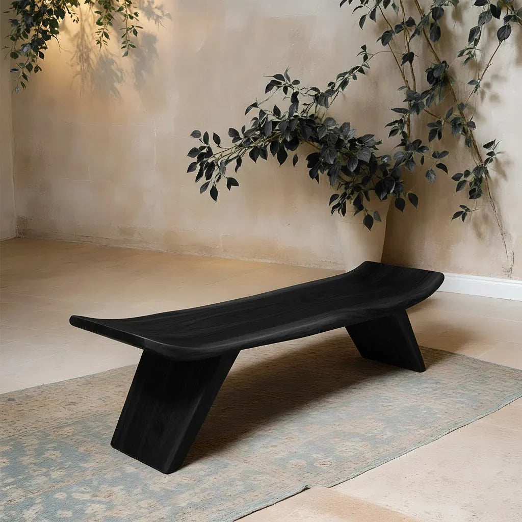 Sculpted Low-Profile Bench in Natural Solid Wood – Curved Edge Form - Rustirawood