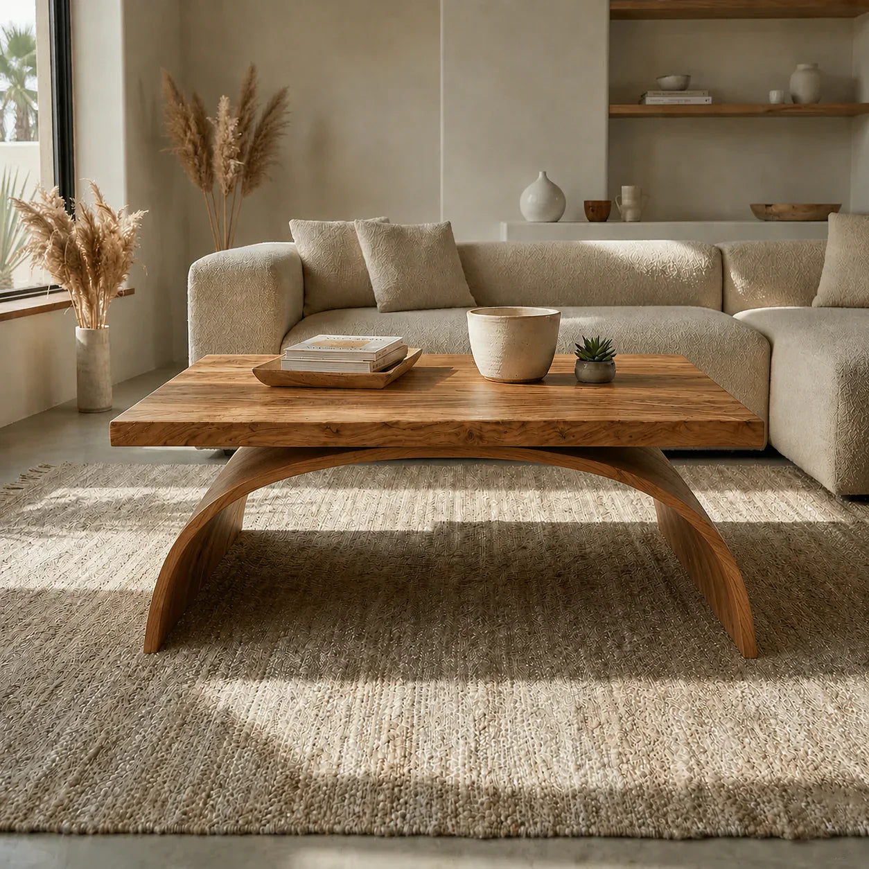 Sculptural Arch Base Coffee Table in Organic Modern Natural Solid Wood - Woodenecho