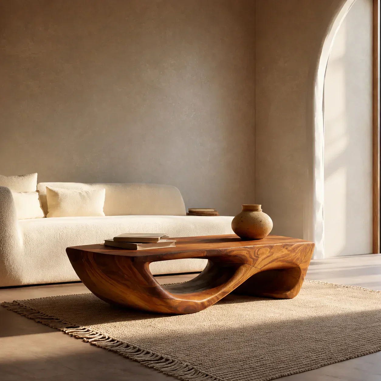 Sculptural Modern Coffee Table with Hollow Curve Base in Natural Solid Wood - Woodenecho