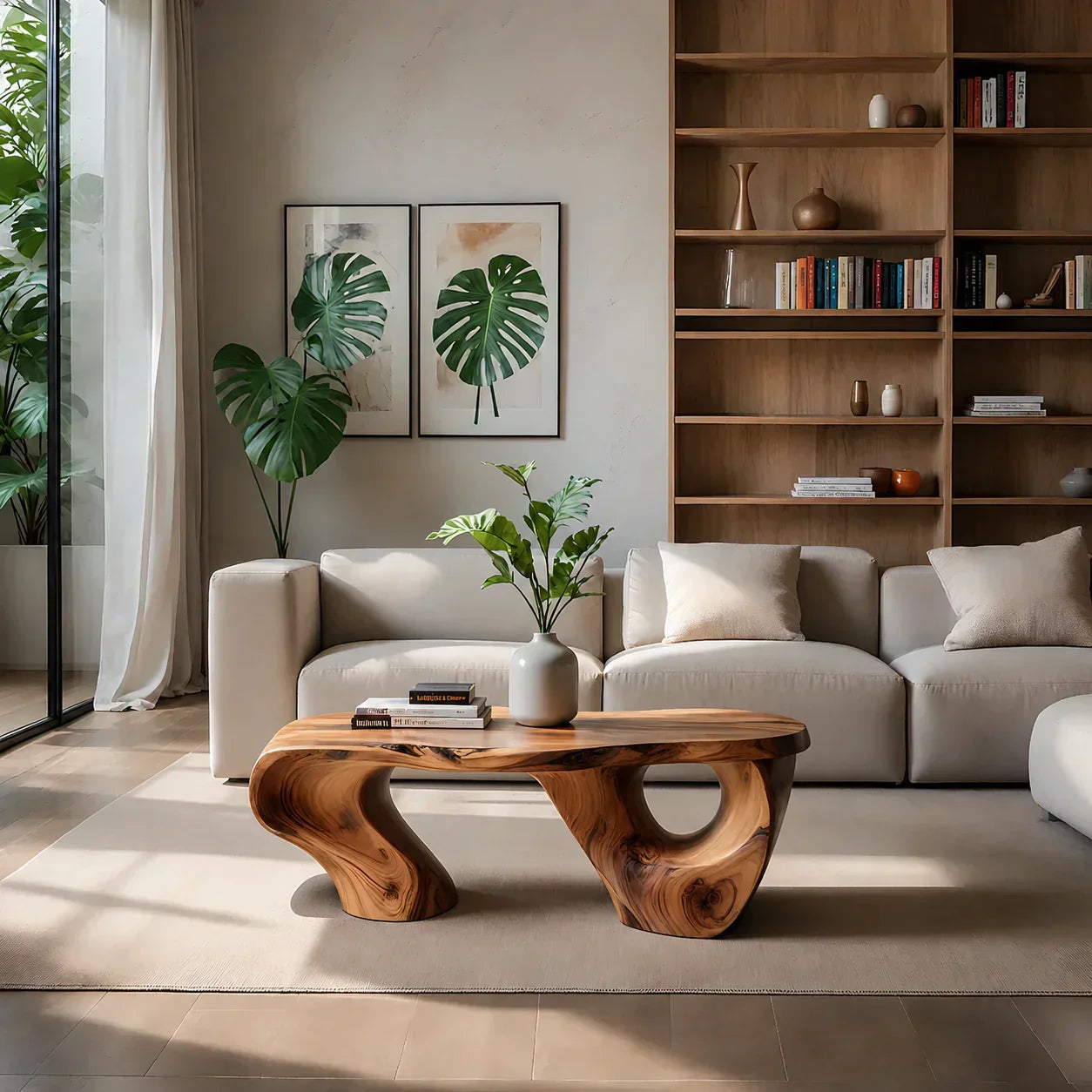 Sculptural Natural Solid Wood Coffee Table — Organic Curve Design - Woodenecho