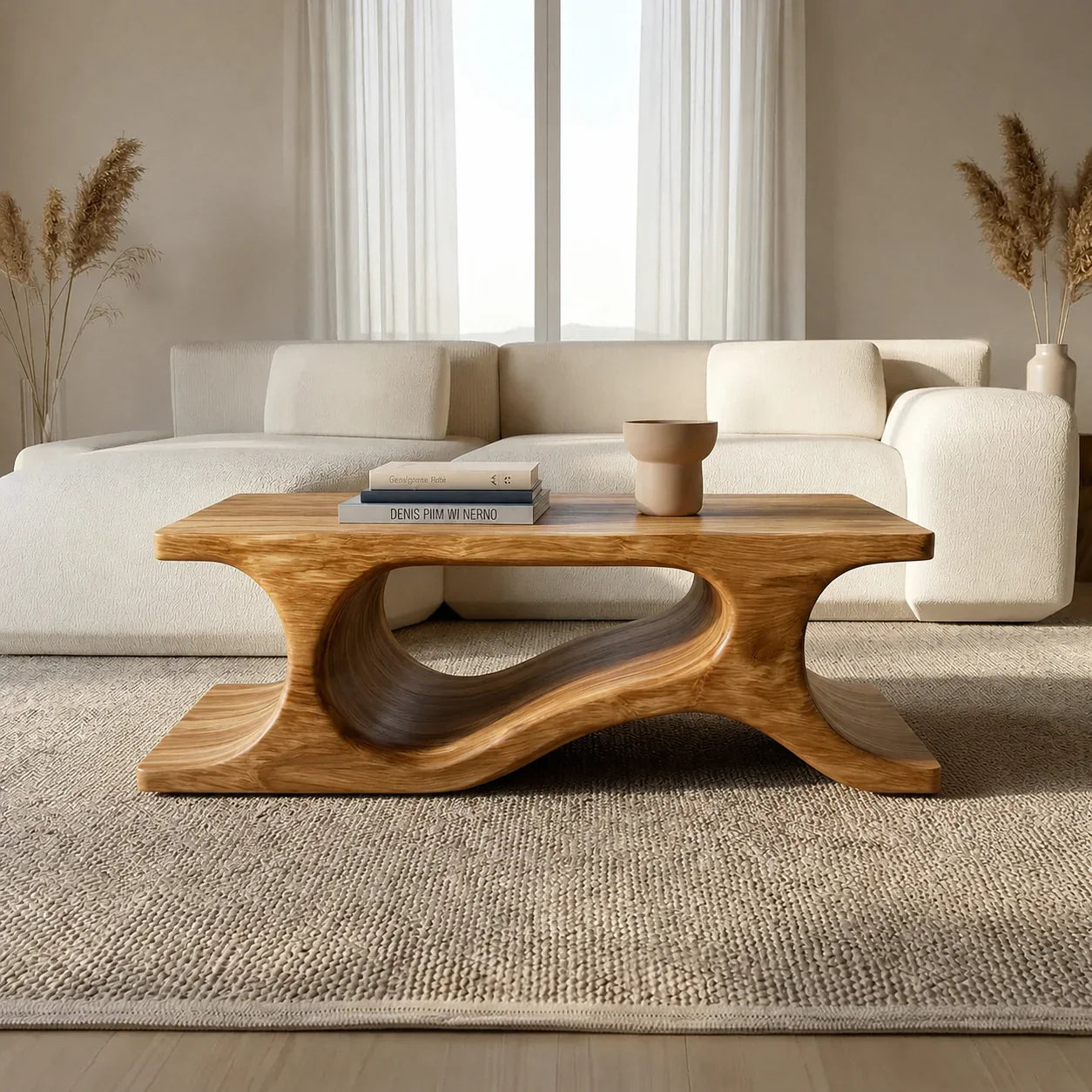 Sculptural Wave Base Coffee Table in Organic Natural Solid Wood - Woodenecho