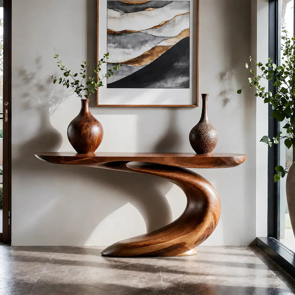 Solid Walnut Finish Wave Console Table – Modern Sculptural Design - Woodenecho