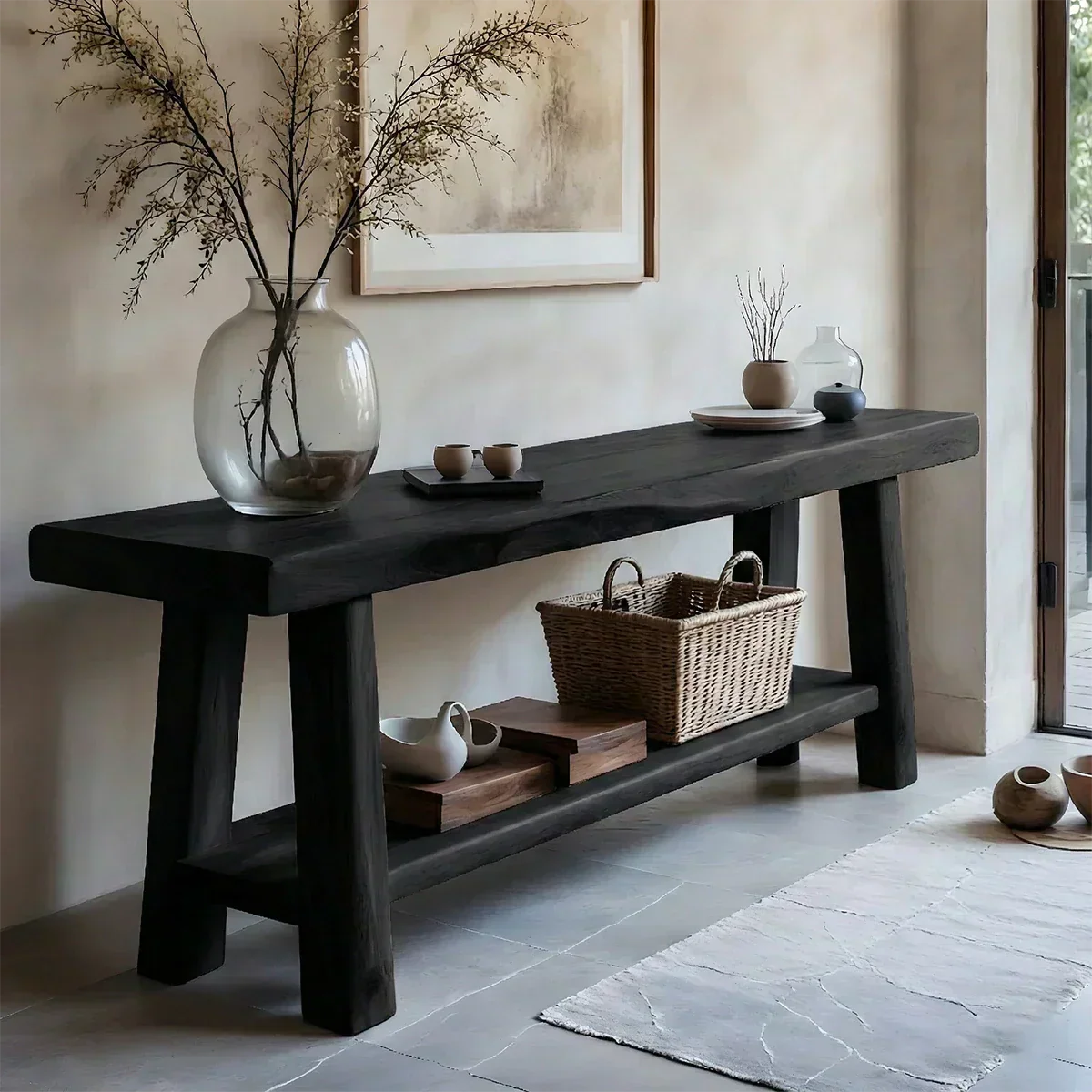 Solid Wood Console Table with Lower Shelf – Modern Natural Craft - Woodenecho