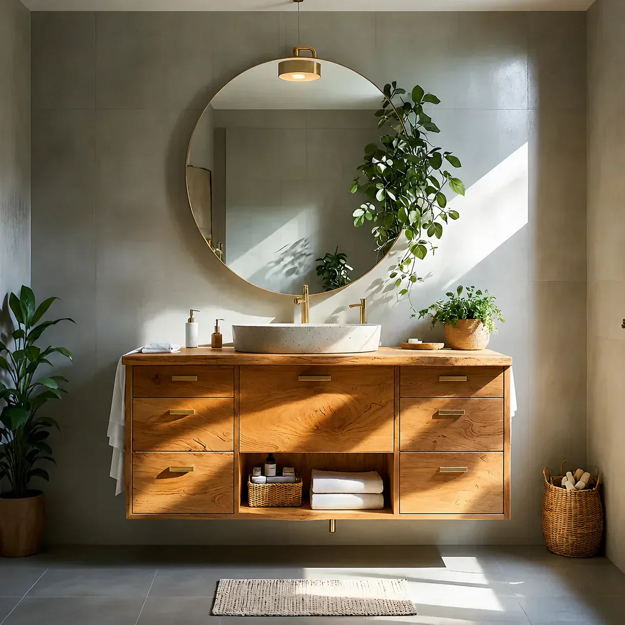 Solid Wood Double Floating Vanity with Stone Basin - Woodenecho