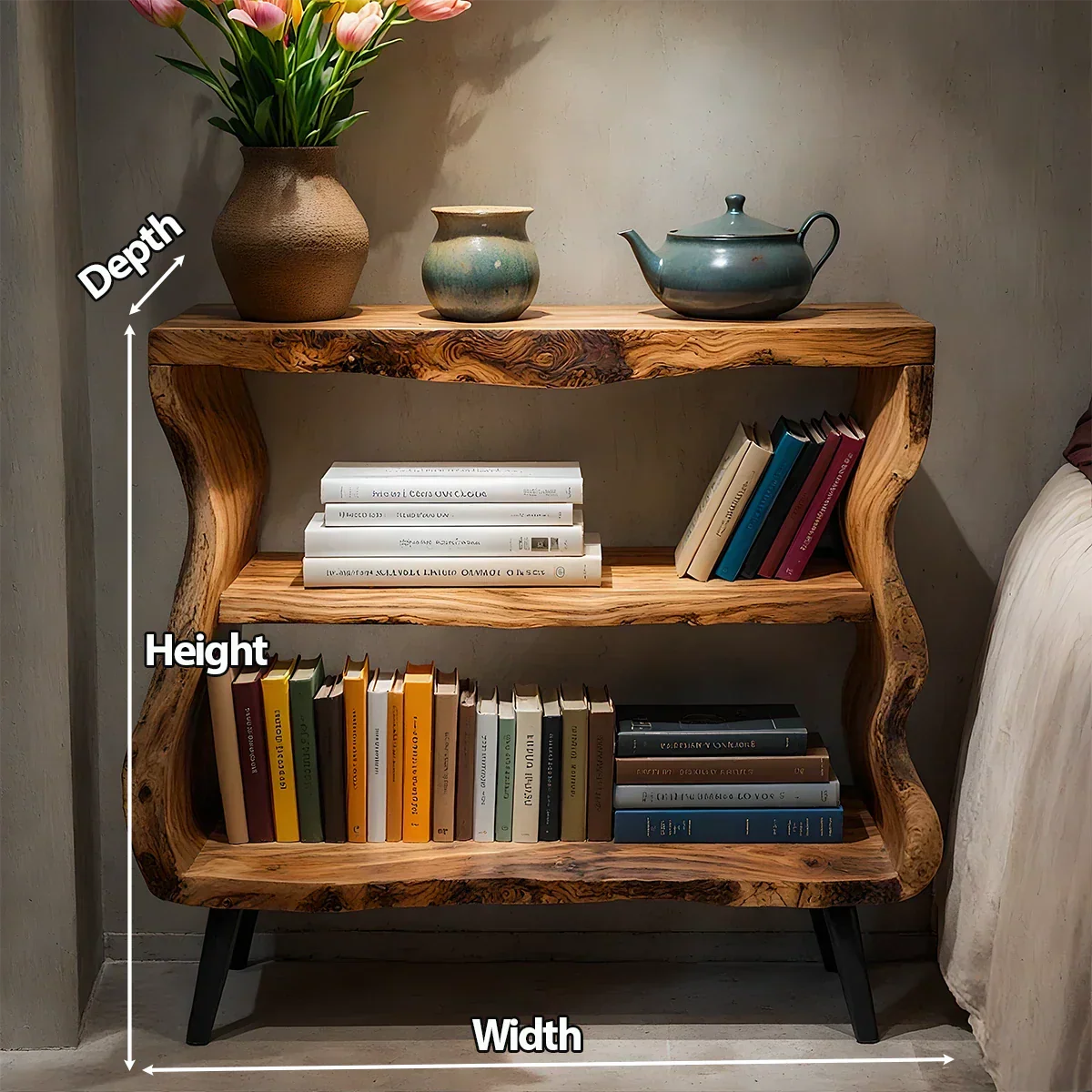Solid Wood Nightstand – Curved Bookshelf Design - Rustirawood