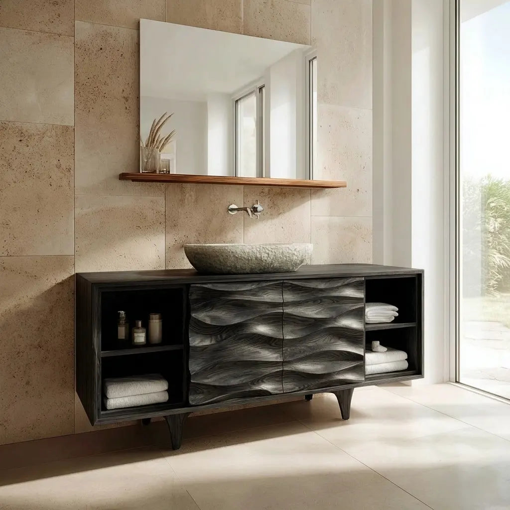 Traditional Solid Wood Bathroom Vanity – Hand Carved Natural Wood Storage Cabinet - Rustirawood