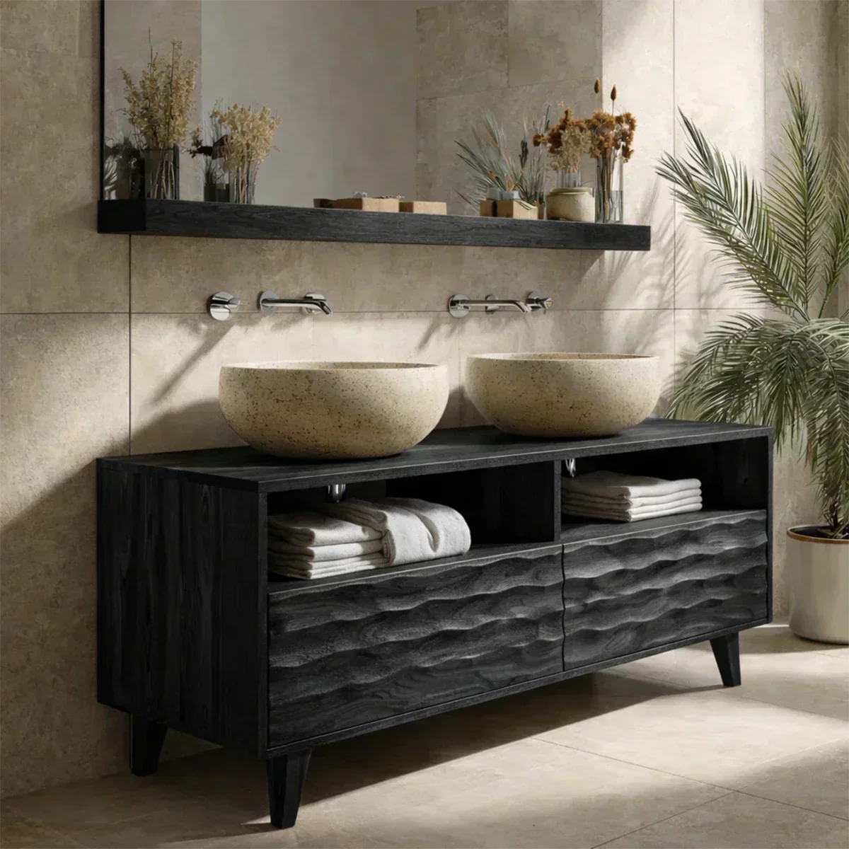 Traditional Solid Wood Bathroom Vanity – Hand Carved Natural Wood Storage Cabinet - Woodenecho