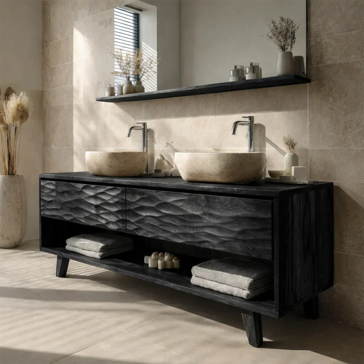 Traditional Solid Wood Bathroom Vanity – Hand Carved Natural Wood Vanity Cabinet - Rustirawood