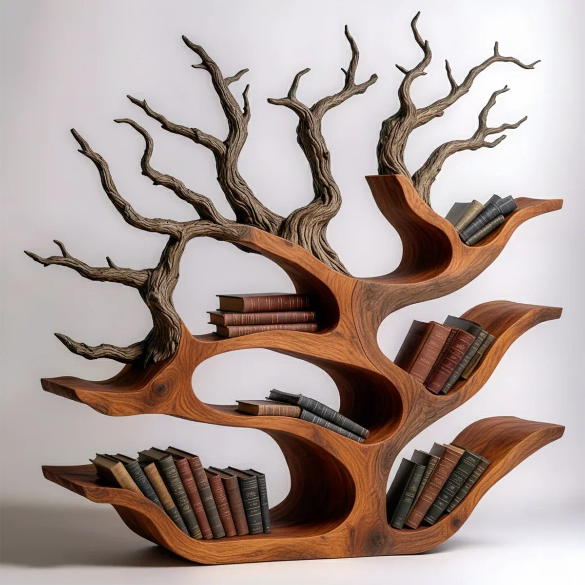 Tree-Shaped Natural Solid Wood Bookshelf – Sculptural Design - Rustirawood