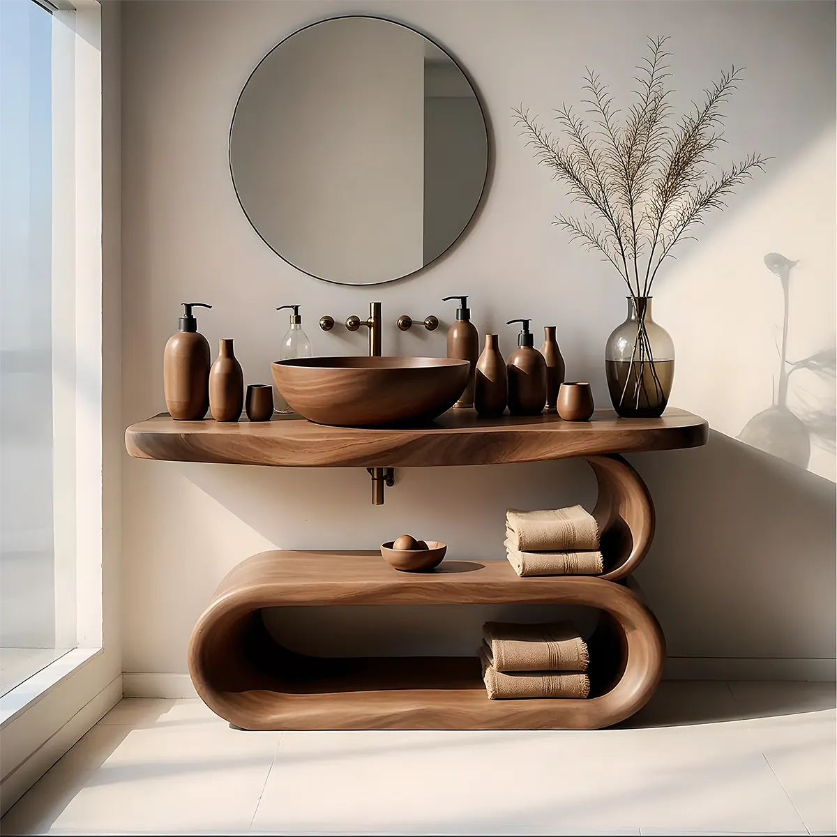 WaveArc Vanity – Solid Wood Bathroom with Zen Curves - Woodenecho